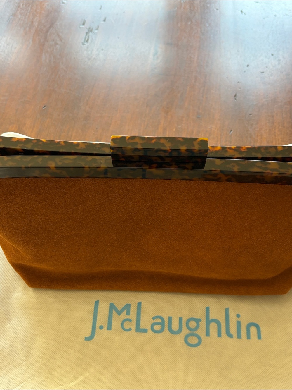 J. McLaughlin Suede Clutch in Cognac with Tortoiseshell Trim